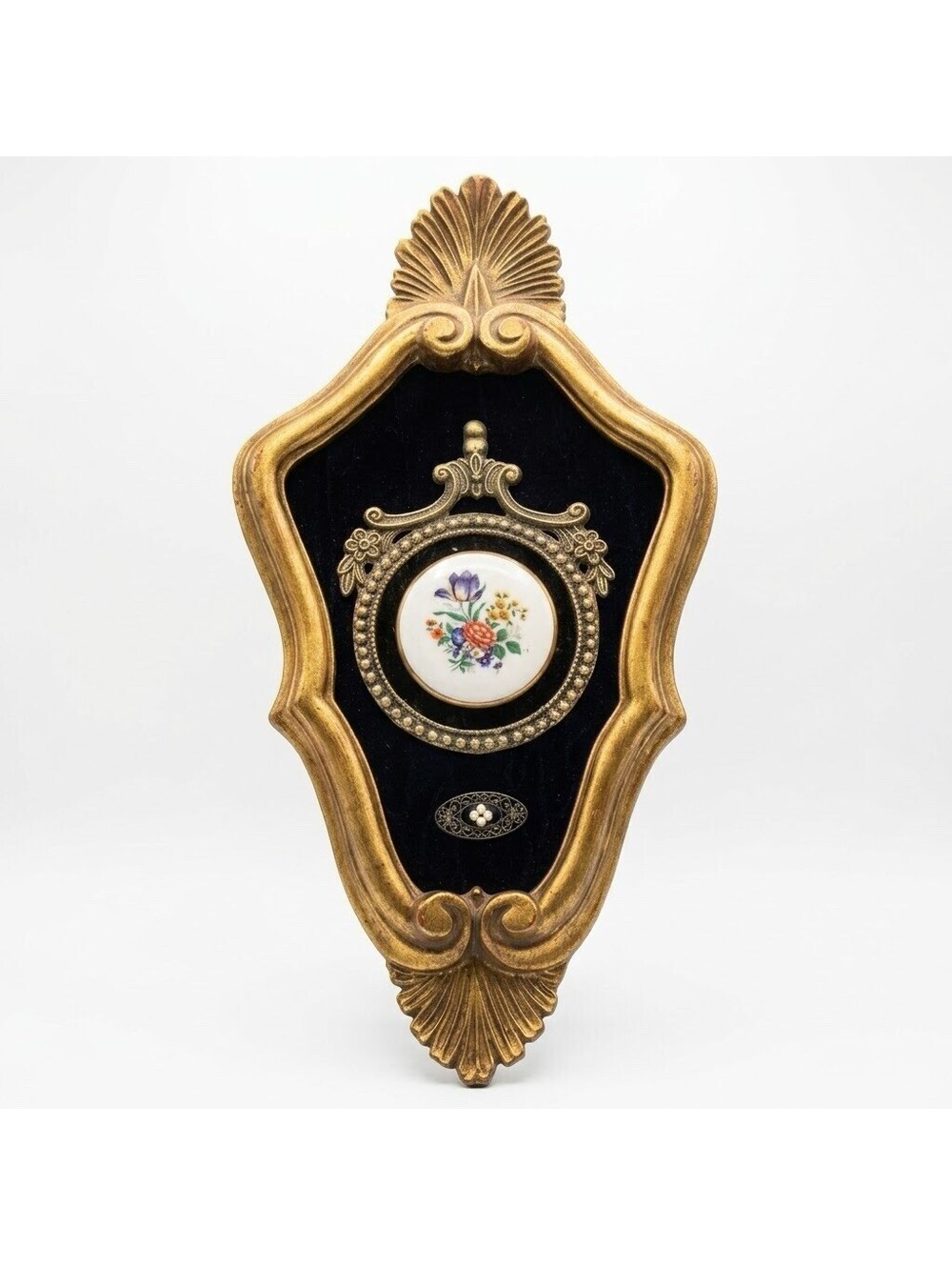Vintage Italian Style Gold Frame Porcelain Floral Plaque Black Velvet Wall Art